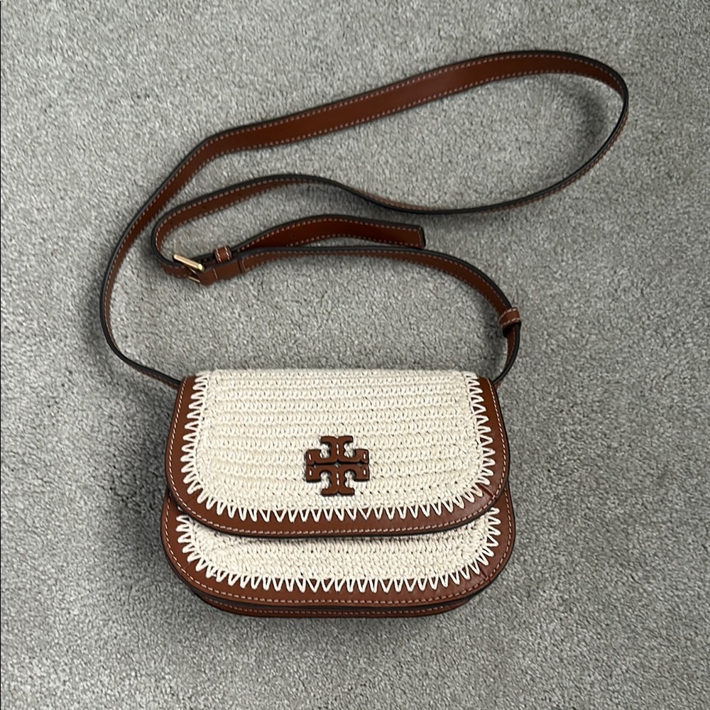Tory Burch Brown and Cream Woven Crossbody Bag